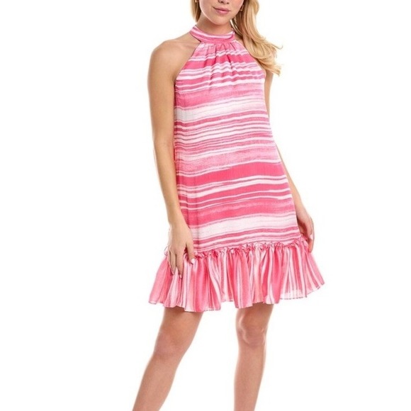 NEW Trina Turk Zuri Pink Stripe‎ Mock Neck Dress Medium Resort Vacation - Picture 1 of 6